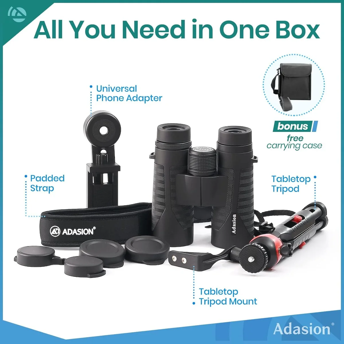 Adasion 12x42 HD complete bundle with phone adapter, tabletop tripod, carrying case, strap, and lens covers