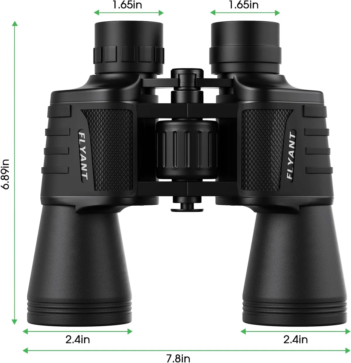 Adasion 20x50 dimensions showing 7.8-inch length, 2.4-inch barrel width, and 6.89-inch height