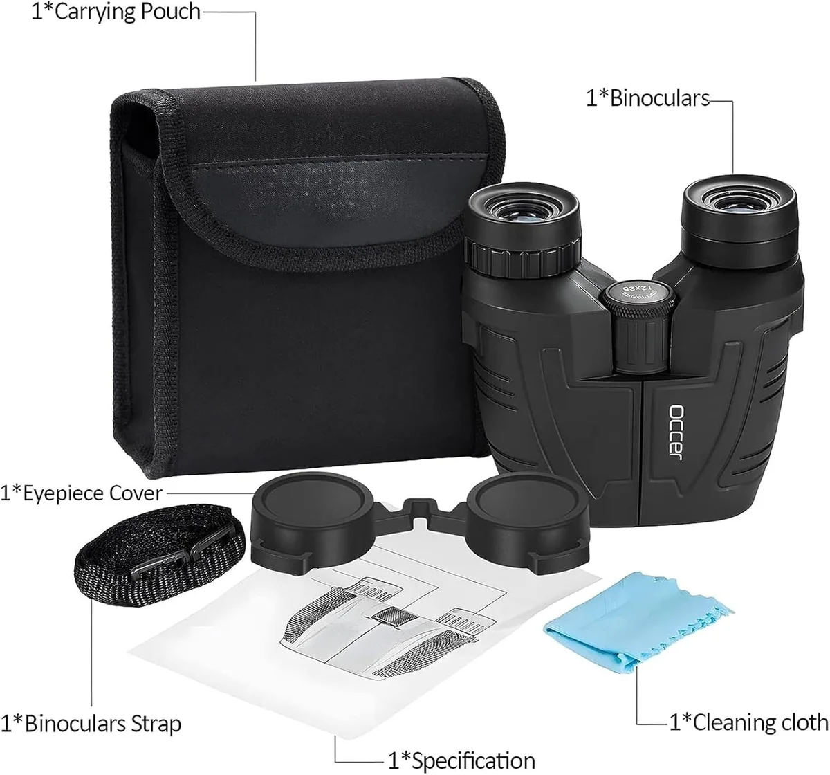 Occer 12x25 complete kit with carrying pouch, lens covers, strap, cleaning cloth, and manual