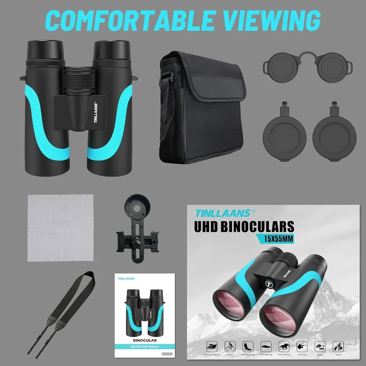 Tinllaans 15x55 UHD complete kit with carrying case, phone adapter, lens covers, strap, and cleaning cloth